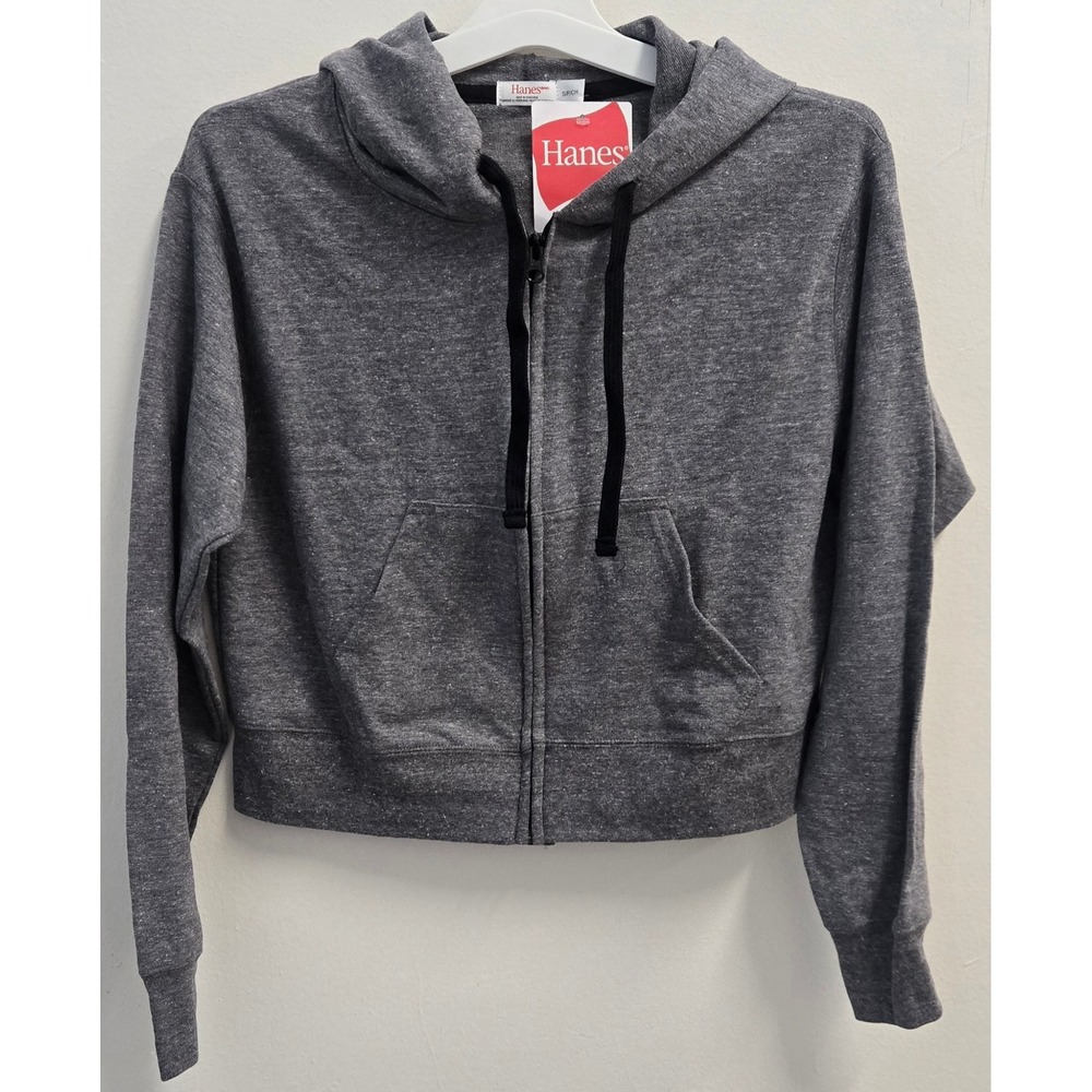 Hanes Originals Women Small Black Heather Cropped Full Zip Hoodie WFT587 NWT